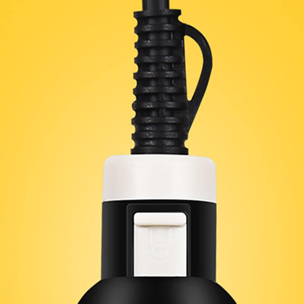 Close-up of hair curler handle with temperature control switch and textured cord for easy grip.