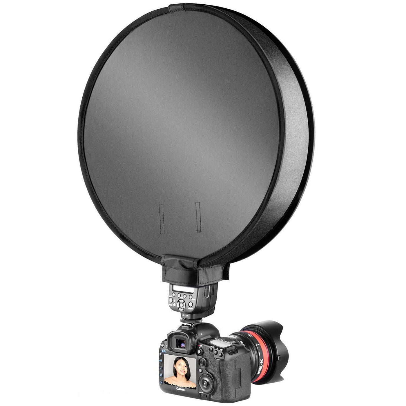 On-camera flash ring soft diffuser with reflective material, 30cm size, designed for even lighting in photography.