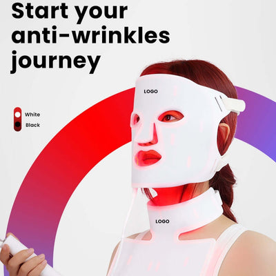 Woman using LED mask instrument for anti-wrinkle treatment with innovative light therapy features.