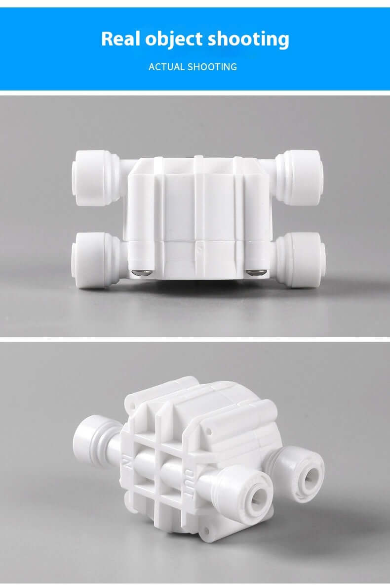 White quick connection four-side valve for water purifiers, showcasing real object shooting from multiple angles.