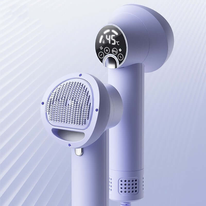 Purple smart pet hair dryer for dogs and cats with digital display and integrated comb feature.