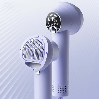 Purple smart pet hair dryer with digital display for grooming dogs and cats, featuring an integrated comb.