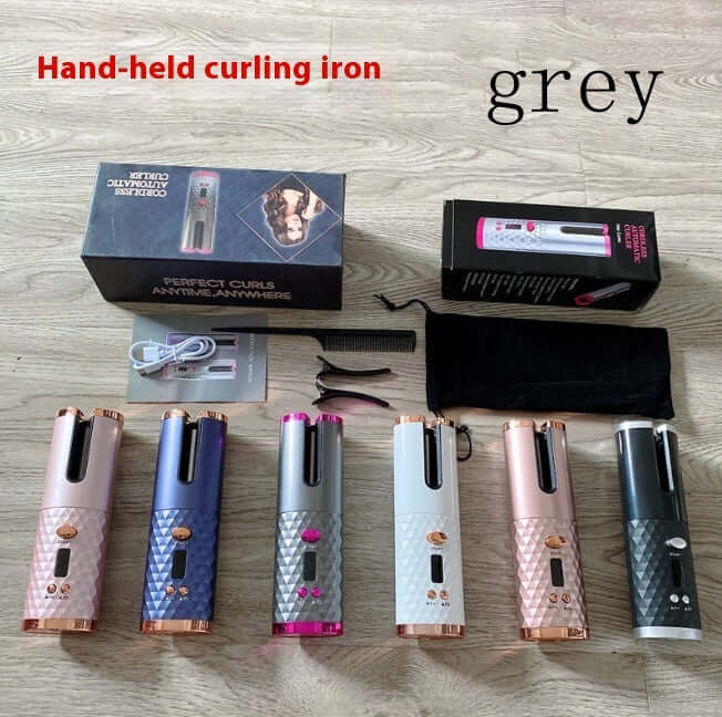 Portable wireless hair curler set with USB charging in various colors and accessories, perfect for styling anywhere.