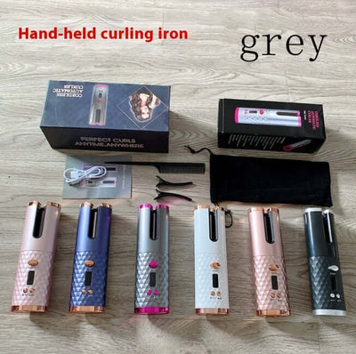 Portable wireless hair curler set with USB charging in various colors and accessories, perfect for styling anywhere.