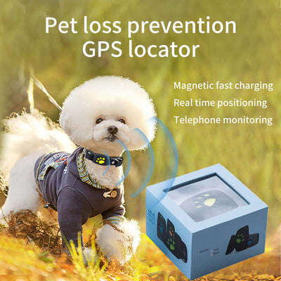 Waterproof GPS locator with pet wearing tracker, featuring magnetic charging and real-time positioning.