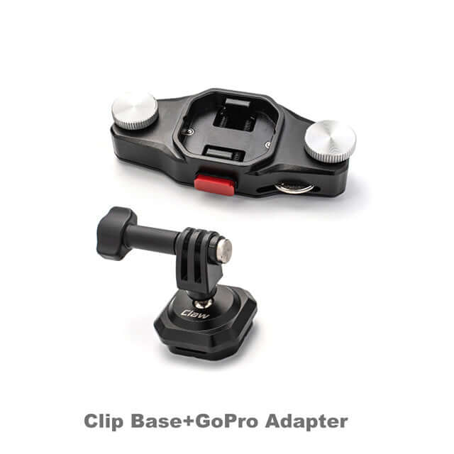 Clip base and GoPro adapter for quick attachment of cameras and accessories in outdoor photography.