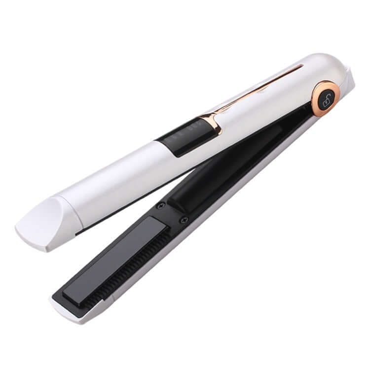 Wireless hair straightener in sleek white design with rose gold accents for advanced styling and temperature control.
