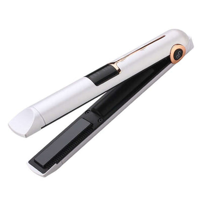 Wireless hair straightener in sleek white design with rose gold accents for advanced styling and temperature control.