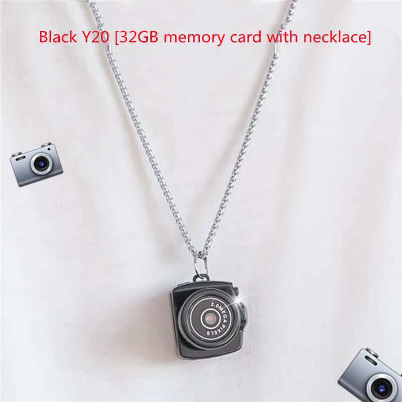 Black Y20 photography necklace with 32GB memory card, stylish camera design, perfect accessory for photographers.
