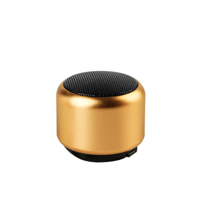 Portable outdoor mini speaker in gold with Bluetooth connectivity and superior audio quality.