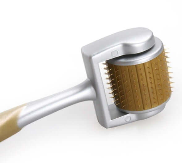 Titanium Derma Roller with titanium alloy and plastic, featuring 0.2 mm and 0.25 mm microneedles for facial repair.