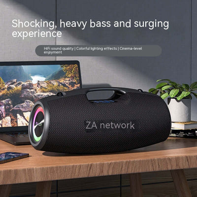 Outdoor portable Bluetooth speaker with heavy bass, colorful lights, and HiFi sound quality.