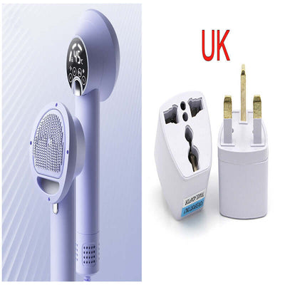 Smart pet hair dryer in purple color with UK plug adapter for convenient pet grooming.
