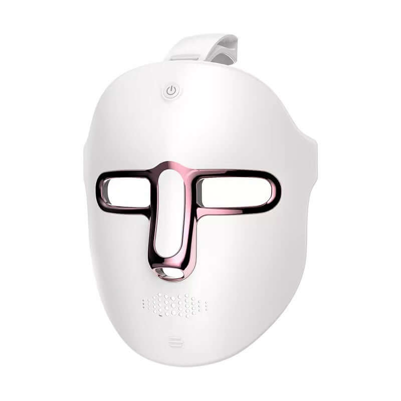 LED Beauty Mask in white with pink accents for skin rejuvenation and anti-aging, promotes skin vitality and relaxation.