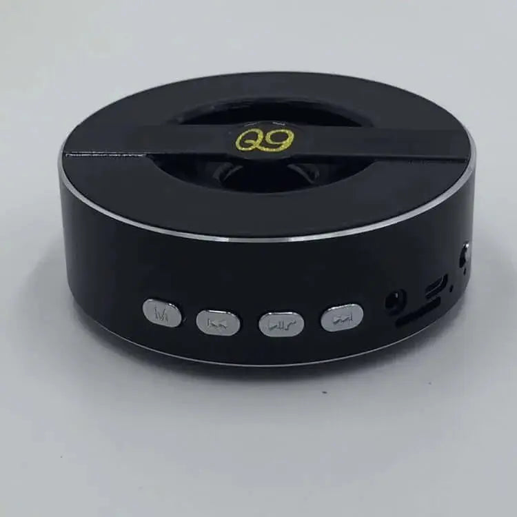 Nevytech Q9A outdoor Bluetooth speaker featuring mono output, control buttons, and sleek black design.