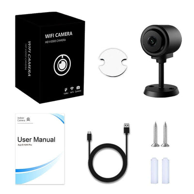 Smart Wireless WiFi camera and accessories including manual, mounting screws, and USB cable.