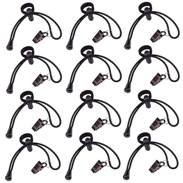 Photography accessories: black cotton clips with adjustment cords for backgrounds, set of 12 for ease in photography.