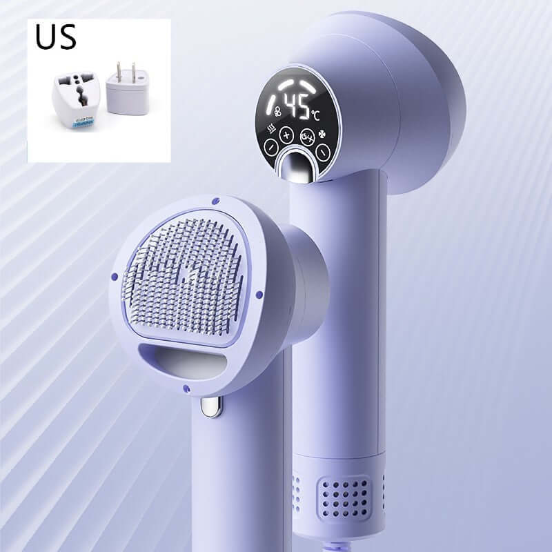 Smart pet hair dryer in elegant purple, designed for grooming dogs and cats with integrated combing feature.