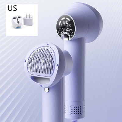 Smart pet hair dryer in elegant purple, designed for grooming dogs and cats with integrated combing feature.