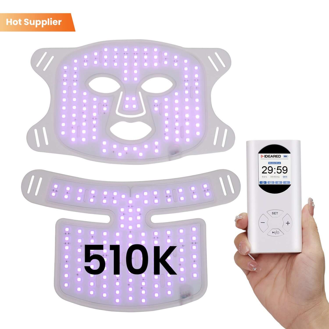 LED mask instrument with purple lights, remote control for beauty treatments, 510K functions for skin rejuvenation.