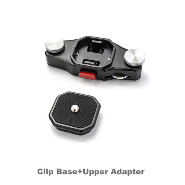 Clip base and upper adapter for quick release systems in outdoor photography accessories.