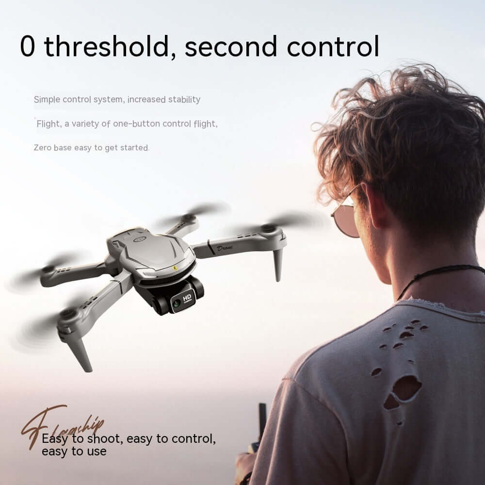 V88 UAV HD aerial drone in flight with simple controls, easy to shoot, and user-friendly design.