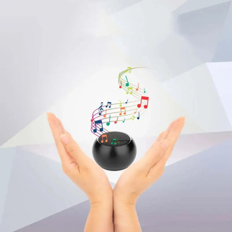Nevytech Hands holding a portable mini Bluetooth speaker with musical notes floating above, showcasing its sound quality and portability.