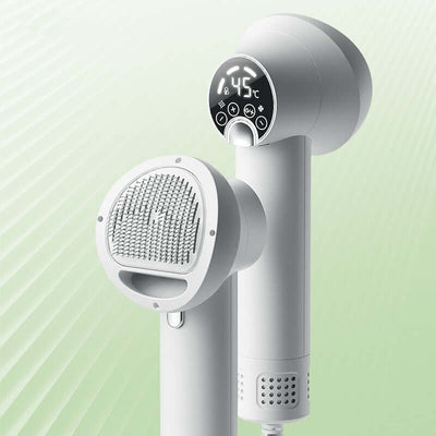Smart pet hair dryer in white, featuring digital display and ergonomic design for grooming dogs and cats.