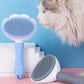 Pet hair removal gadget featuring blue and gray combs with a fluffy cat nearby on a pastel background.