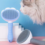 Pet hair removal gadget featuring blue and gray combs with a fluffy cat nearby on a pastel background.
