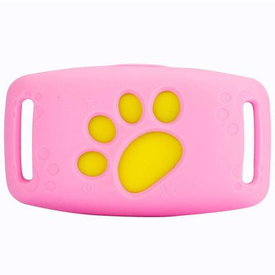 Pink waterproof GPS pet tracker with yellow paw design for accurate locating and safety.