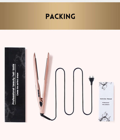 Mini hair straightener with packaging, user manual, and power cord, made from durable PET material.