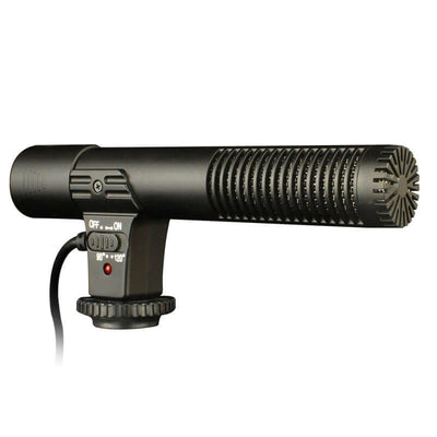 Black back-pole condenser microphone designed for camera photography with switch settings and mounting option.