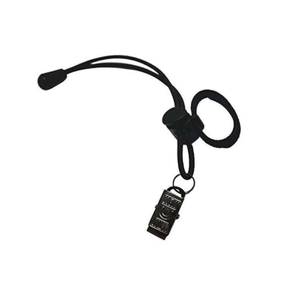 Black photography accessory background clip with adjustment cord for secure attachment.