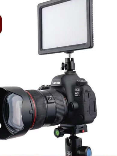 SLR camera with portable PAD192 video light for enhanced photography fill light usage.
