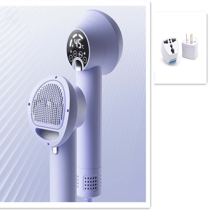 Smart pet hair dryer in elegant purple for dog and cat grooming, featuring a digital display and quiet operation.