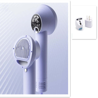 Smart pet hair dryer in elegant purple for dog and cat grooming, featuring a digital display and quiet operation.