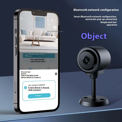 Smart Wireless WiFi Home Security Camera set up with smartphone, displaying Bluetooth network configuration.