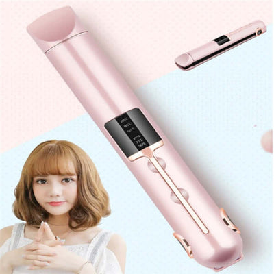 Wireless splint hair straightener in pink with temperature display, showcased by a model with wavy hair.