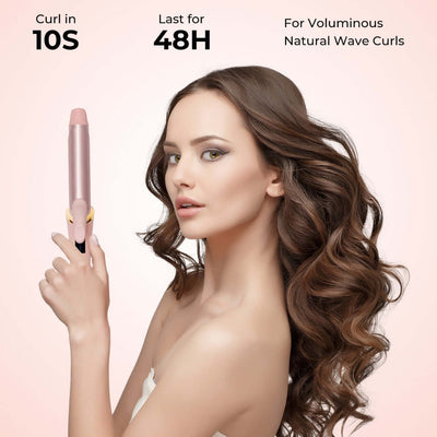Model showcasing portable automatic hair curler that creates voluminous natural waves lasting 48 hours.