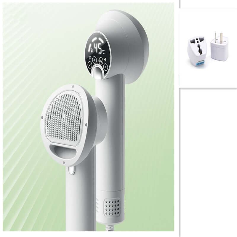 Smart pet hair dryer designed for dog and cat grooming, featuring a sleek white design and digital display.