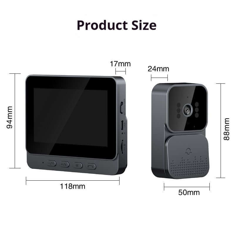 Dimensions of the Smart Punch-free Household Wireless Camera Visual Door, showing front and side views.