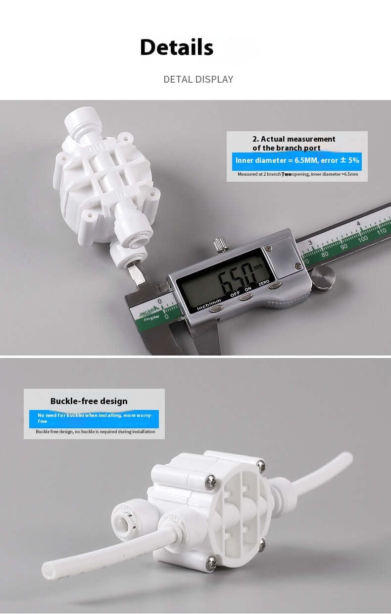 Nevytech Portable water purifier four-side valve with measurement tool, showing design and specifications for installation.