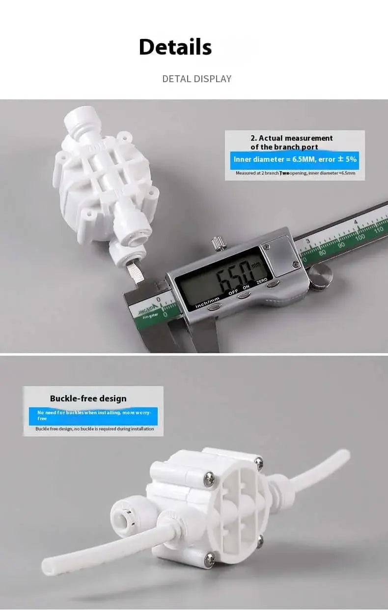 Nevytech Portable water purifier four-side valve with measurement tool, showing design and specifications for installation.