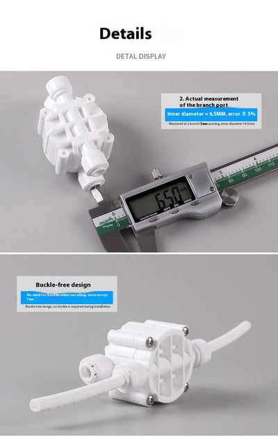 Portable water purifier four-side valve with measurement tool, showing design and specifications for installation.