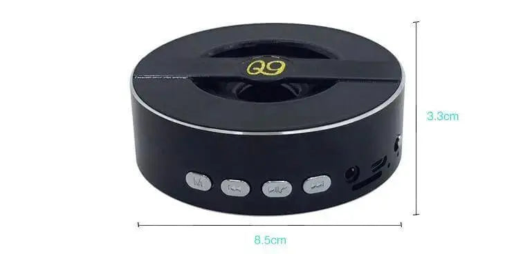Nevytech Compact Q9A Bluetooth speaker with mono output, 8 hours playtime, and multiple function buttons.