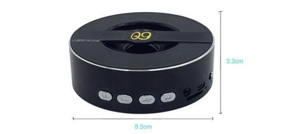 Compact Q9A Bluetooth speaker with mono output, 8 hours playtime, and multiple function buttons.