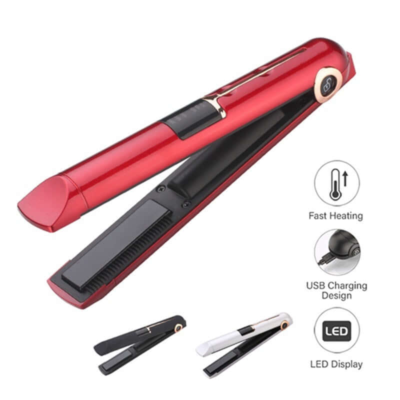 Wireless hair straightener in red with LED display, USB charging, and fast heating features.