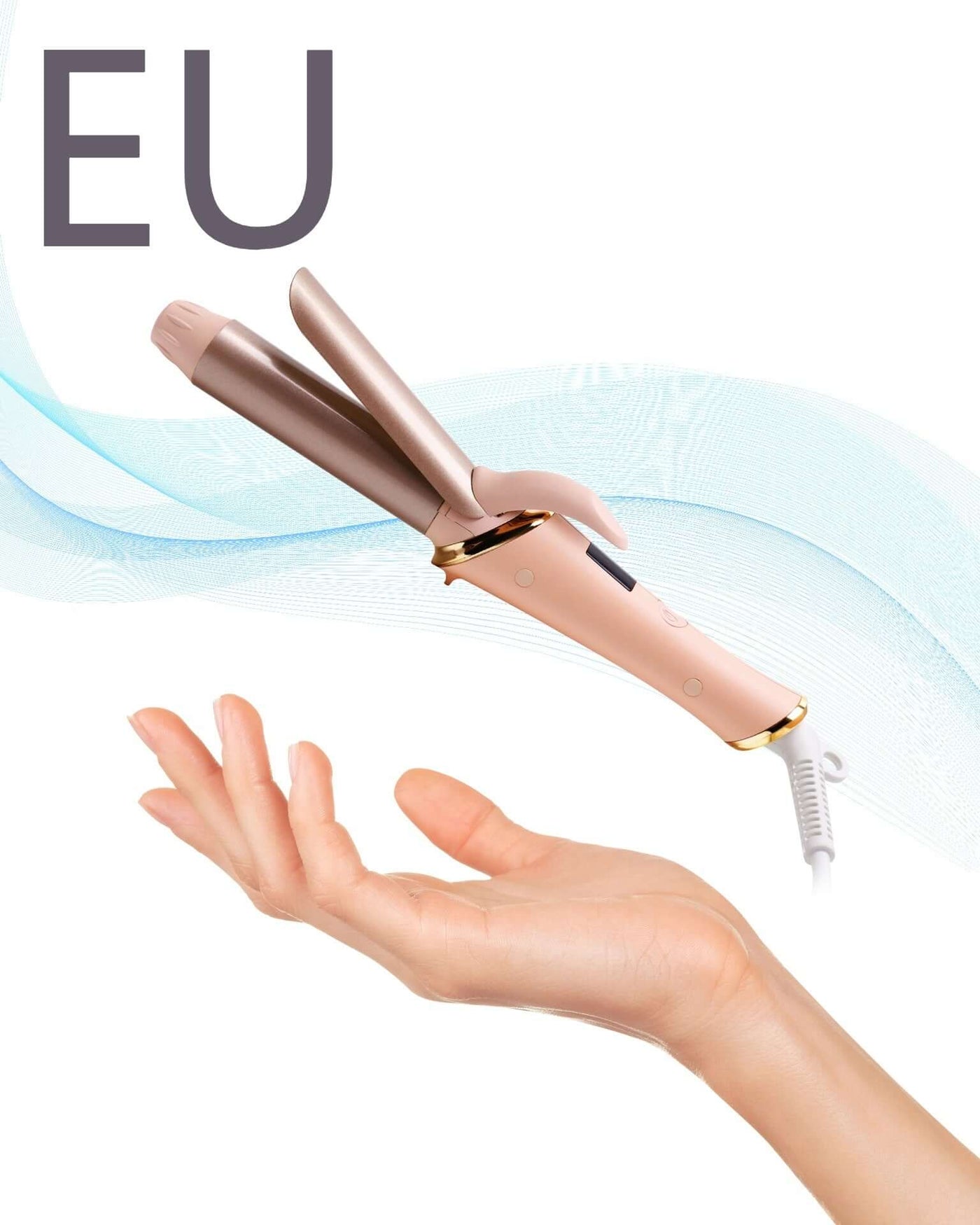 Portable Automatic Hair Curler in pink, designed for European standard 220V, demonstrating easy handling in a hand.