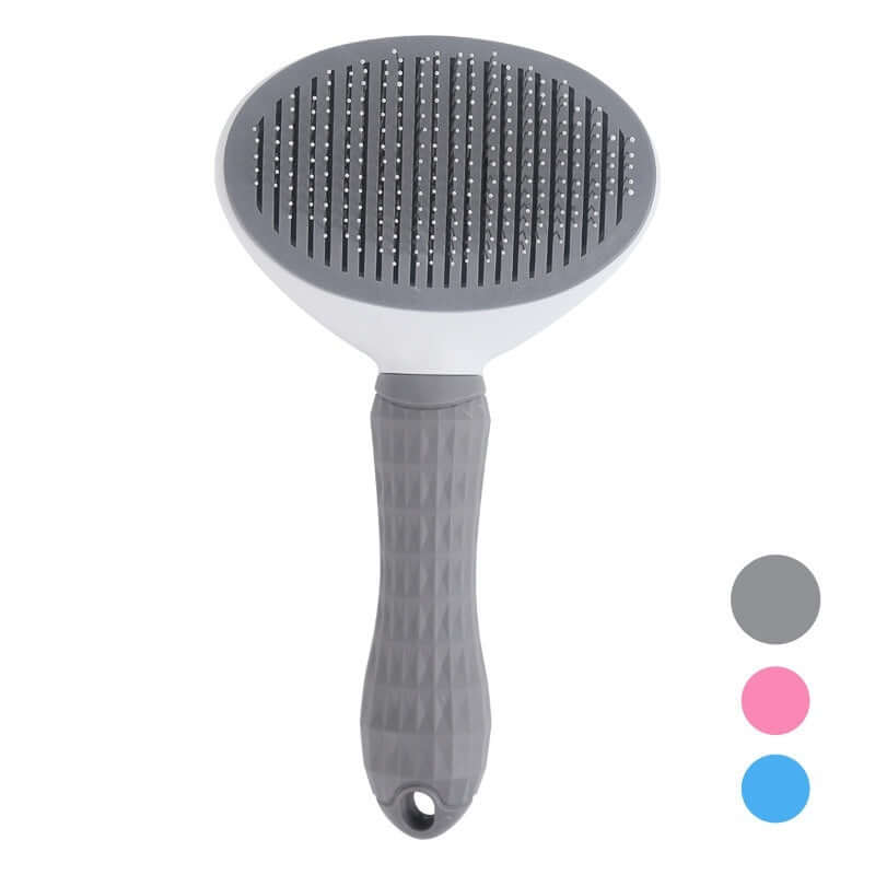 Gray plastic pet hair removal comb for cats and dogs, featuring flower needle design for effective grooming and cleaning.